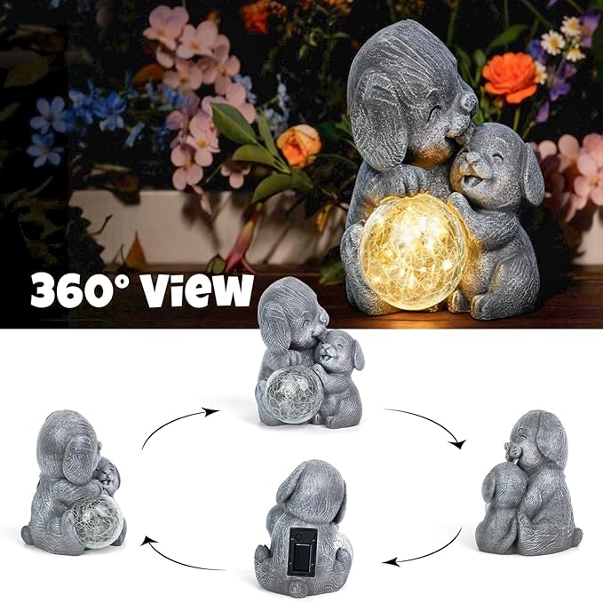 Solar Garden Statue Light, 8inch Outdoor Puppy Figurine with Solar Light for Patio, Lawn, Yard, Housewarming Birthday Gifts for Dad, Mom, Grandma,Women (Grey Dog)
