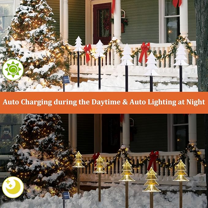 BRIGHTDECK Christmas Solar Pathway Lights Outdoor Decorations，Xmas Tree Lights Waterproof Led Garden Stake Light for Walkway Yard Lawn Porch Holiday Decor 5-Pack (Small Tree, 5 Pack)