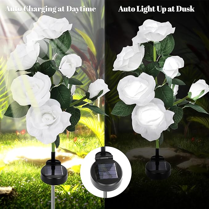 Solar Rose Lights Outdoor, 2 Pack with 14 Rose Flowers Waterproof Color Changing LED Flower Lights, Solar Powered Garden Stakes for Yard, Patio, Pathway Decor - Artificial Floral Decorative Lighting