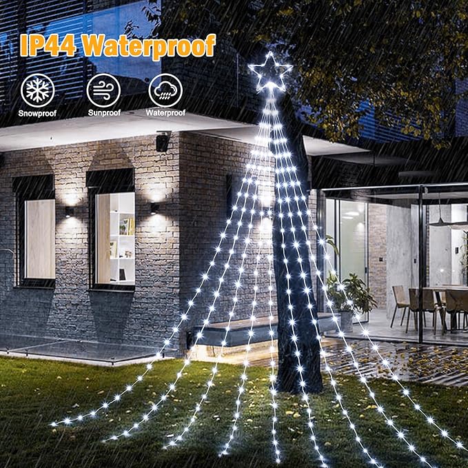 Christmas Decorations Star String Lights, 344 LED Waterfall Tree Lights with 11" Topper Iron Star Christmas Lights Indoor Outdoor Decorative for Wedding Party Home Holiday Decor (Pure White)