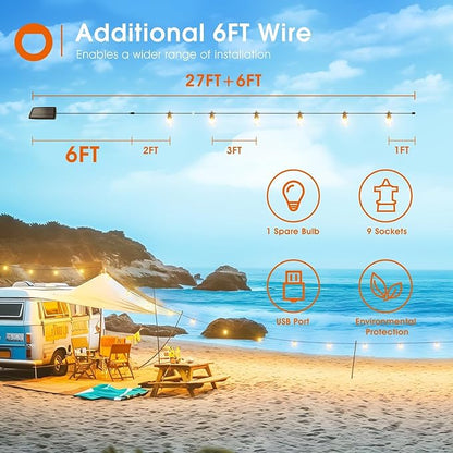 addlon 33FT (27+6) Solar String Lights for Outside Outdoor Waterproof with USB Port & Remote Control Solar Patio Lights Last for 20+Hrs Dimmable Solar Power LED Bulbs Hanging for Porch Garden Bistro