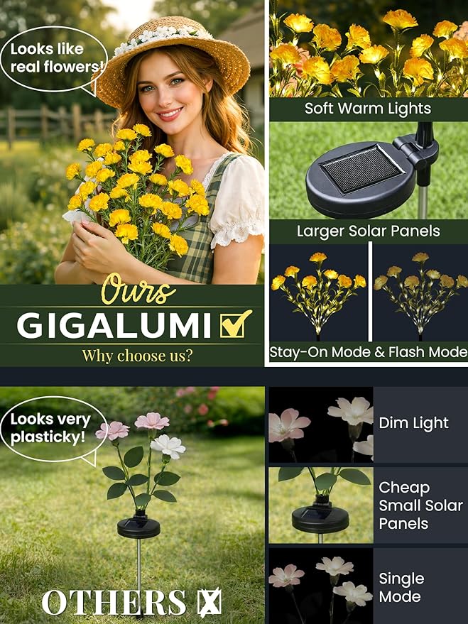 GIGALUMI Solar Lights Outdoor for Garden Decor, 4 Pack Solar Flower Lights Waterproof, 2 Lighting Modes 28 Carnation Flowers for Pathway,Yard, Patio Decoration, Gardening Gifts for Women (Yellow)