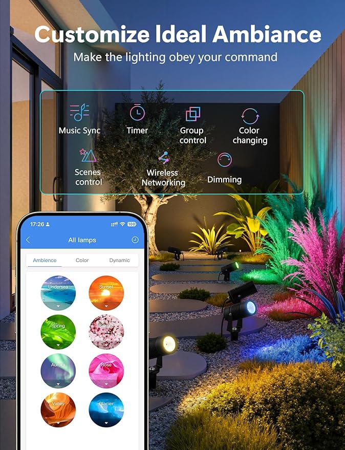 Smart Landscape Lights, APP Controlled RGBCW Color Changing Spot Lights, IP65 Waterproof 24V Low Voltage Outdoor | Lumora