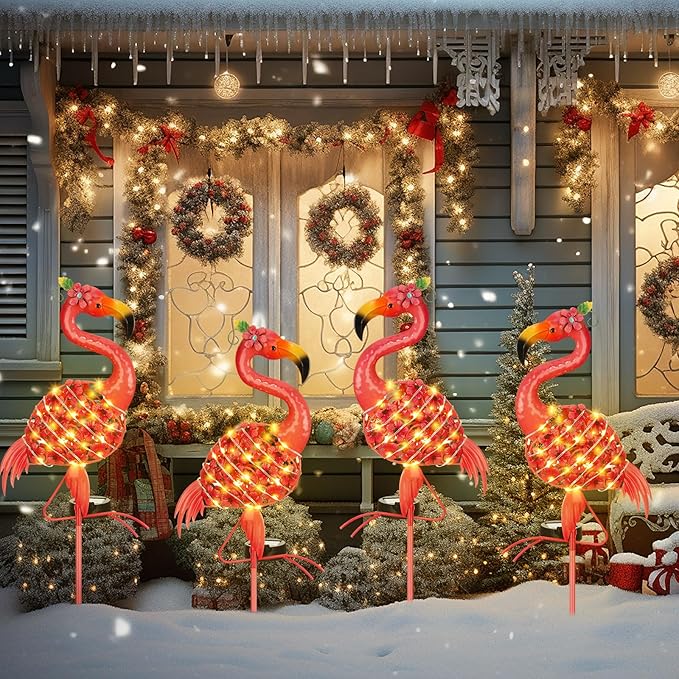 2 Pcs Flamingo Solar Lights Flamingo Yard Decorations Outdoor 32.48'' H Summer Waterproof LED Solar Lamp Pink Warm White Metal Garden Housewarming Gifts for Lawn Patio Pathway Landscaping