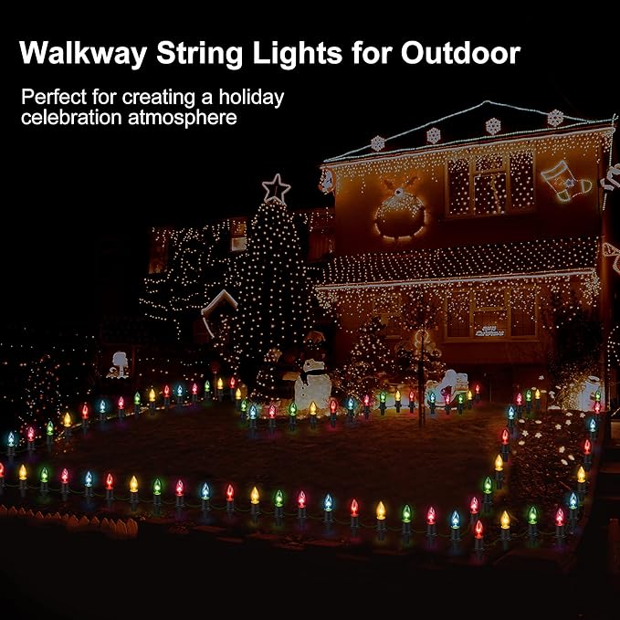 Christmas Lights Outdoor 20 Pathway Lights - 24.2ft Multicolor Walkway Light with Stakes, C9 Driveway Light for Outside Yard Garden, Extendable for Xmas Holiday Decorations, 20 Lights