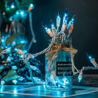 YULETIME 200 Blue Christmas Lights, Pack of 2 Sets 33 Feet 100 Count UL Certified Incandescent String Lights (Blue - White Wire)