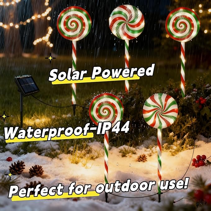 Christmas Lollipop Pathway Lights-5 Pack Solar Powered Outdoor Garden Path Lights Xmas Candy Cane Landscape | Lumora