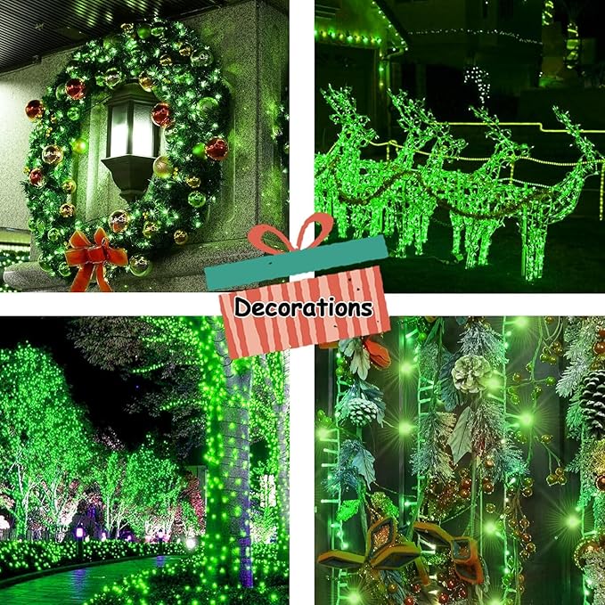 Christmas Decorations Outdoor 33ft 100LED Green String Lights, 8 Lighting Modes, Waterproof Fairy Lights for Christmas Party, Patio, Yard, Christmas Connectable up to 6 Sets（Black Wire-Green）.