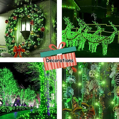Christmas Decorations Outdoor 33ft 100LED Green String Lights, 8 Lighting Modes, Waterproof Fairy Lights for Christmas Party, Patio, Yard, Christmas Connectable up to 6 Sets（Black Wire-Green）.