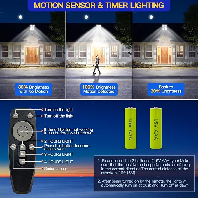 Waterproof Solar Lights Outdoor for Patio & Yard, Dusk to Dawn Motion Sensor Security Lighting, High Brightness Solar-Powered Garden Pathway Lamps-2 Pack