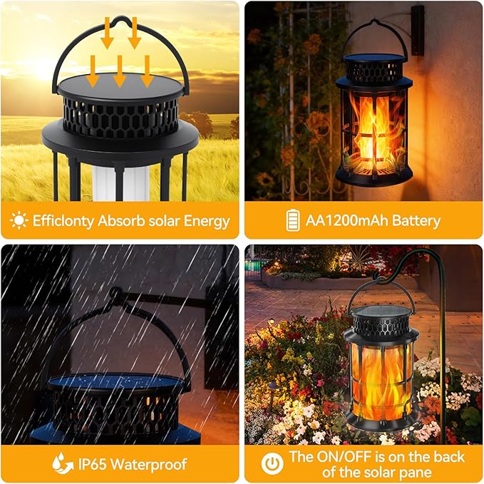 ELUTENG Solar Lantern Outdoor Lights Flickering Flame Solar Lanterns Lights 1200mAh Hanging Lantern Decorative, Outdoor Waterproof, Flame Torches for Outside Patio Pathway Yard Decorations