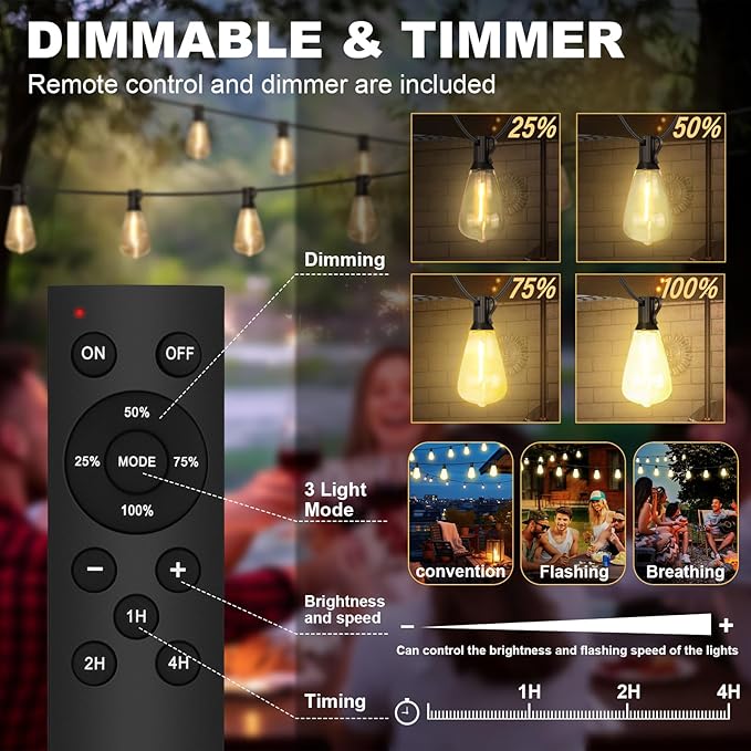 100FT Outdoor String Lights - 64+4 Bulbs(𝟏.𝟓𝐅𝐓 𝐁𝐮𝐥𝐛𝐬 𝐒𝐩𝐚𝐜𝐢𝐧𝐠) | Remote & Dimmer, 3 Light Modes & Timing, IP65 | Lumora
