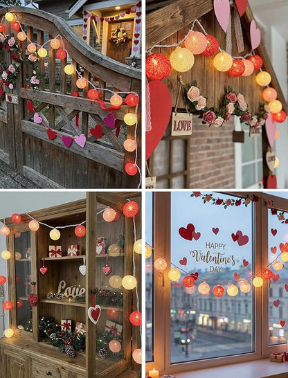 Red Pink and White Cotton Ball String Lights, 8.5Ft Valentine’s Day Decorative Fairy Lights Plug in with 10 Colorful Lantern, Hanging Cotton Globe Lights for Bedroom Wedding Party Home Birthday Decor