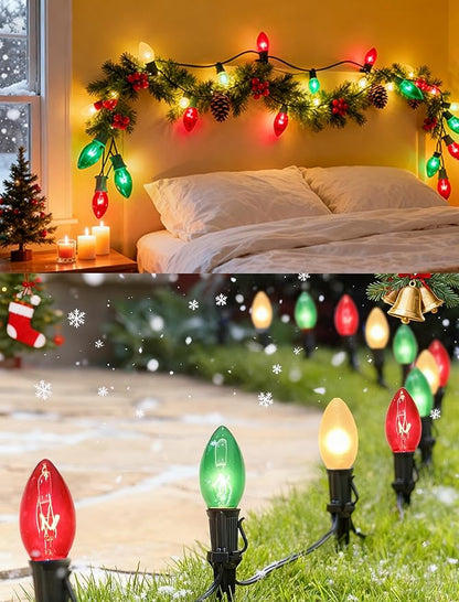 C9 Red White and Green Christmas Lights Outdoor, 25FT Vintage Christmas Tree Light with 26 C9 Clear Multicolor Bulbs, Hanging Outdoor Christmas Lights for Holiday Roofline Patio Garden Party Decor