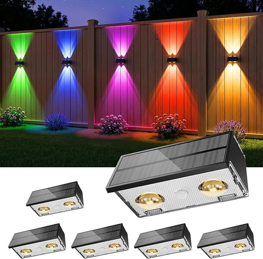 Bridika Solar Fence Lights Outdoor, 6 Pack Up and Down Wall Light, 8 Colors Lens LED Dusk to Dawn Solar Lights Outdoor Waterproof for Patio, Deck, Backyard, Garden