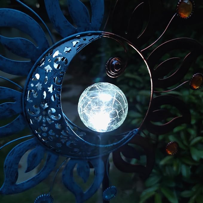 Sun Moon Solar Lights Garden Stake Outdoor Decoration,Sun Moon Crackle Glass Globe Solar Metal Stake Light, Waterproof LED Light for Pathway Lawn Patio Courtyard Backyard(39 Inch)