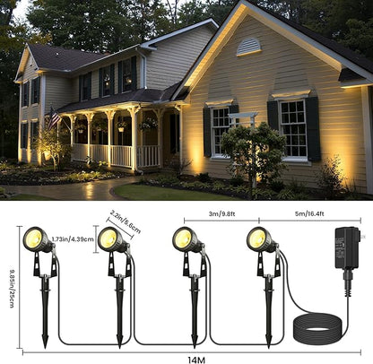 Outdoor Landscape Lighting, 4-Pack Outdoor Spot Lights with Transformer, Plug in LED Spot Lights for Garden, Yard, Backyard, Plants, Lawn, Trees, House, Flags, IP65 Waterproof – Warm White