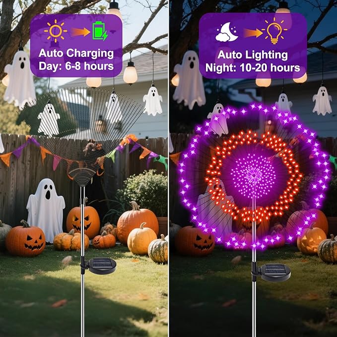 4 Pack Solar Halloween Lights Outdoor, 720 LED Orange & Purple Solar Firework Lights with 8 Lighting Modes | Lumora