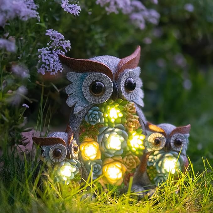Solar Garden Statue Owl Decor – Cute Owl Family Figurines with LED Succulent Lights, Waterproof Outdoor Yard Art | Lumora