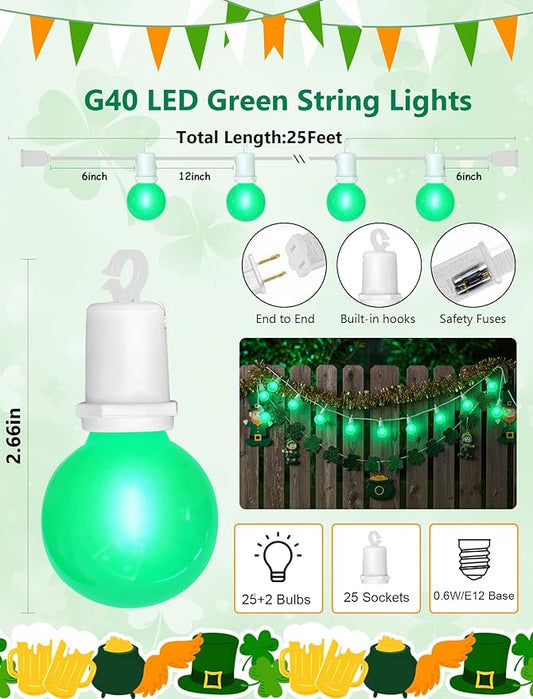 G40 LED St. Patrick's Day String Lights Outdoor, 25Ft St Patricks Decorations Lights Outdoor with Ceramic Green Round Bulbs, Hanging Patio Lights Shatterproof for Indoor Home Decor Party, White Wire