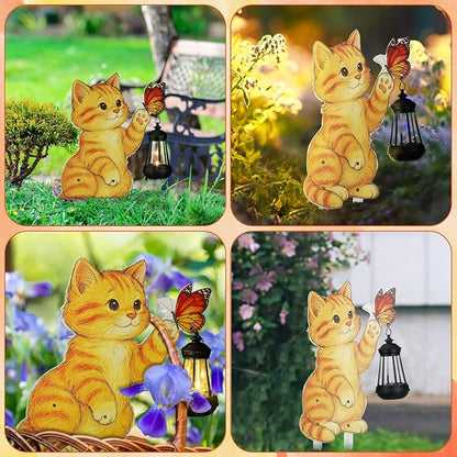 WILLBOND Cat Garden Decor Christmas Outdoor Solar Lights Decor, Metal Orange Cat Garden Stake with Butterfly, Outside Stake Signs for Yard Lawn Patio Unique Gift Ideas