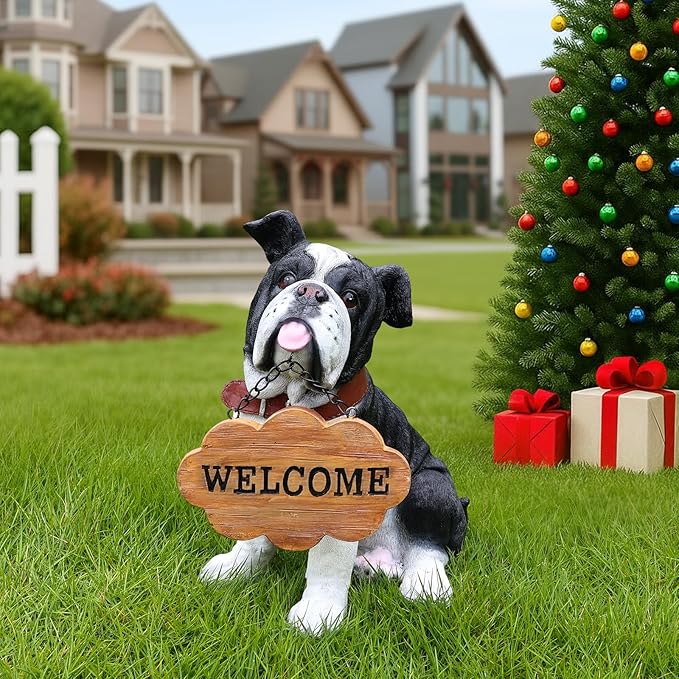 Outdoor English Bulldog Dog Statue with Interchangeable Welcome Sign and Detachable Solar Lantern –LED Light Garden Dog Sculpture Décor, Cute Puppy Design for Yard, Porch, Gift