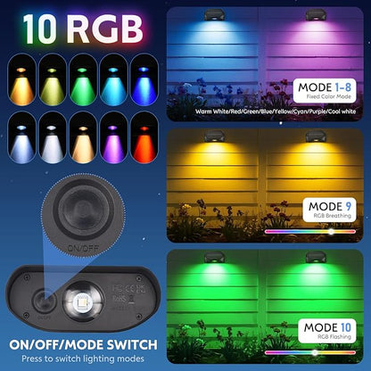 8 Pack Solar Fence Lights Outdoor, Solar Deck Lights with RGB 10 Mode, Waterproof Fence Light for Outside Stairs Backyard Patio Pool Railing Outdoor