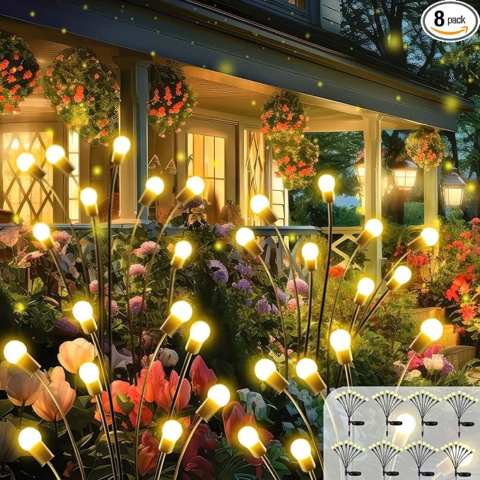 2026 Upgraded Solar Lights Outdoor, 8 Pack Solar Garden Lights with 2 Modes, Firefly Lights Outdoor Waterproof, Sway by Wind, Twinkle Firefly Light for Yard Patio Path Garden Decoration (Warm White)