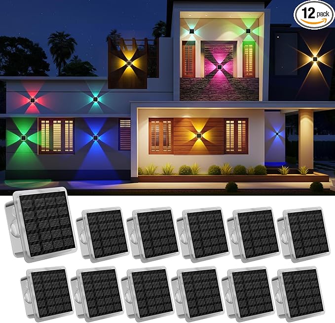 Solar Fence Lights Outdoor, New 4-Way Lighting Fence Lights Solar Powered with 8 Modes Warm White/RGB, IP65 Waterproof Solar Wall Light for Backyard Wall Pathway Deck Patio Decor - 12 Pack