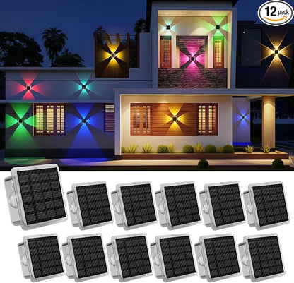 Solar Fence Lights Outdoor, New 4-Way Lighting Fence Lights Solar Powered with 8 Modes Warm White/RGB, IP65 Waterproof Solar Wall Light for Backyard Wall Pathway Deck Patio Decor - 12 Pack