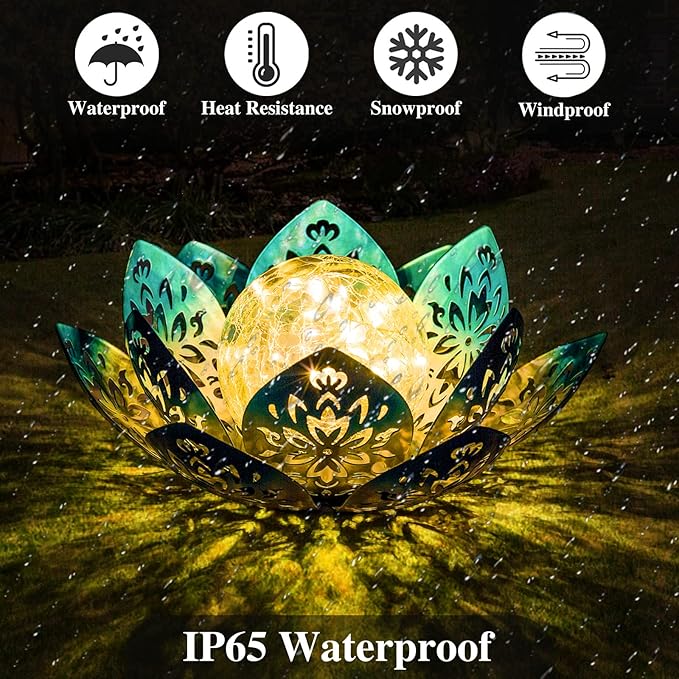 Huaxu Solar Lights Outdoor Decorative - Bright Blue Lotus Flower Table Lamp, Glass Globe 30 LED Waterproof Metal | Lumora