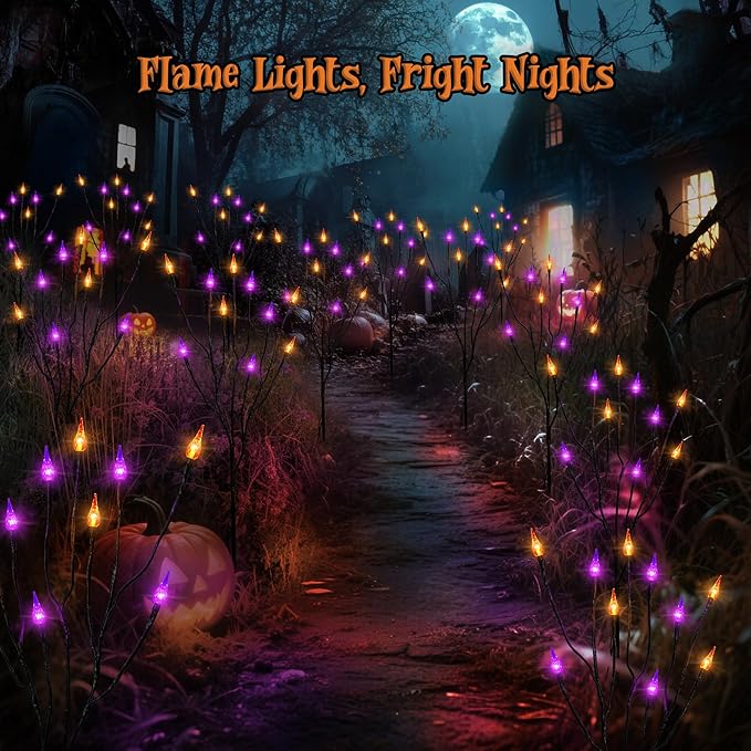 ODEETRONIC Purple & Orange Halloween Pathway Lights 3 Pack – 7.54ft 8 Modes Halloween Stake Lights, 30 LED Purple & Orange Candle Light with Timer, Battery Pathway Light for Outdoor Porch Garden Decor