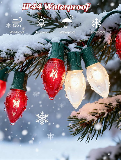25FT C9 Christmas Outdoor Lights,Red and Frosted White Christmas Lights with 26 Bulbs(1 Spare),Commercial Vintage Red White String Light for Tree Yard Garden Porch Party