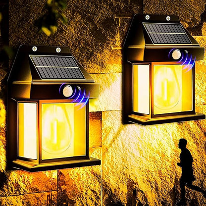 2-Pack 6.8" H Outdoor Solar Wall Light Motion Sensor Porch Flood Dawn Lighting 3 Lights Modes for Patio Garage Shed Barn Door Yard Outside Decorative Waterproot,- Black.