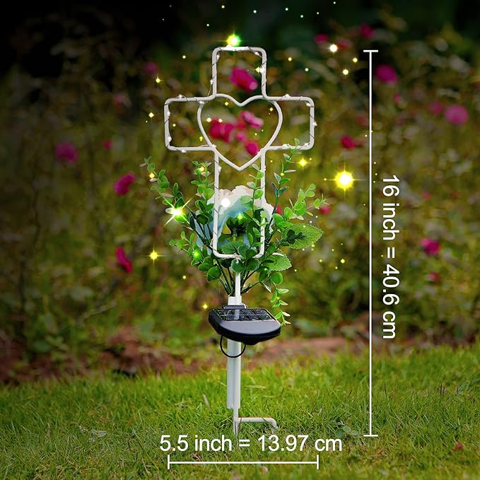 16 Inch Solar Cross Garden Stake Lights with 1 Artificial Flower Metal Garden Art for Patio Lawn Garden Decor Solar | Lumora