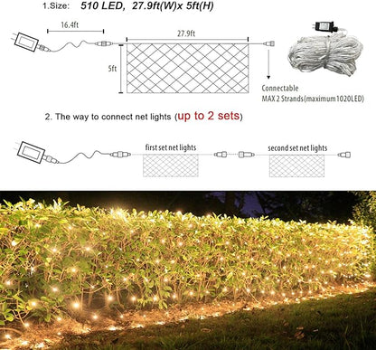 510 LED Christmas Net Lights, 28ft x 5ft Mesh Lights Outdoor Clear Wire 8 modes, Waterproof Connectable String Lights Plug in for Xmas Tree Bushes Garden Holiday Party Decorations - Warm White