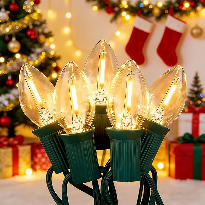 Abeja C7 Clear Christmas Lights, 25Ft C7 Christmas String Lights with 27 Clear LED Bulbs (2 Spare), Hanging Outdoor String Lights for Holiday, Party, Patio, Backyard Decoration