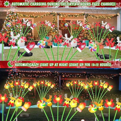 Christmas Solar Garden Lights Outdoor, 4 Pack 24 LED Firefly Swaying Lights with Santa Reindeer Candy Cane Mitten Decor, 6 Heads Waterproof Pathway Yard Lawn Holiday Decorations (CH LEDs)