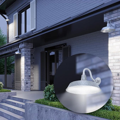 17in. Galvanized Finish Outdoor Gooseneck Barn Light Fixture with 10in. Long Extension Arm - Wall Sconce Farmhouse, Vintage, Antique Style - UL Listed - 9W 900lm A19 LED Bulb (5000K Cool White)