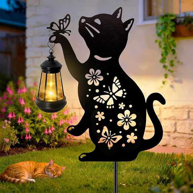 Cat Outdoor Solar Lantern Waterproof, Birthday Gifts for Christmas Women Mom, Solar Hanging Lights with Butterfly | Lumora