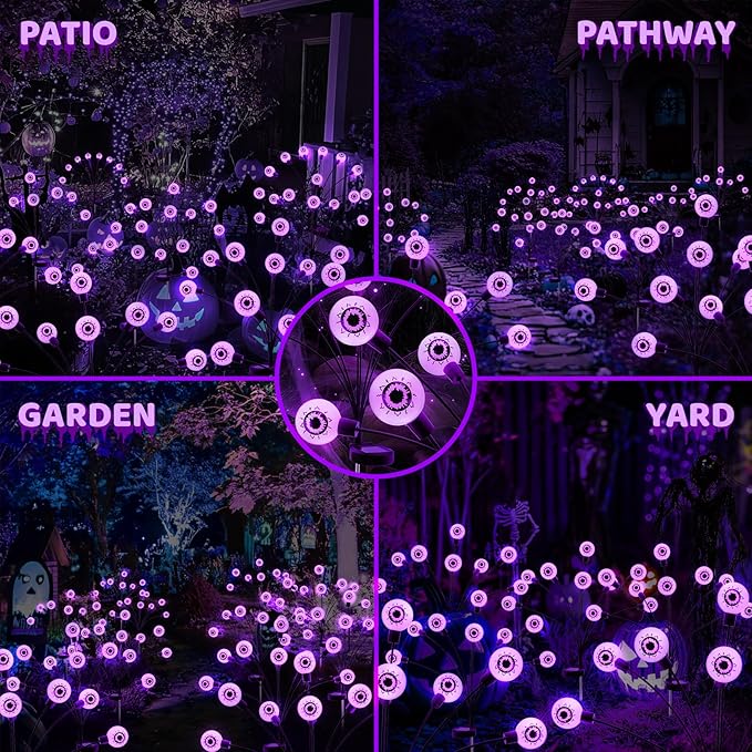 Solar Halloween Lights Decorations Outdoor: 2 Pack16 LED Scary Purple Eyeball Light Waterproof for Yard Outside Decor - Swaying Firefly Garden Lighting Pathway Party Easter Decorative