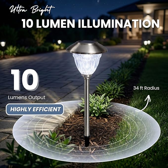 Energizer Solar Outdoor Garden Lights - 10 Pack LED Driveway Solar Lights with 10 Lumen Output, Patterned Glass & Metal Finish, Waterproof & Easy to Install Garden Lights for Outside - Stainless Steel