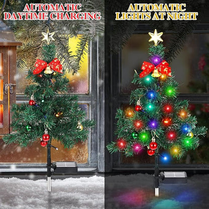 Baquler 2 Pcs Solar Christmas Tree Garden Stake Lights Outdoor Christmas Tree Yard Decorations Multicolor Solar Stakes for Pathway Lawn Patio Xmas Ornament (Vibrant Style)