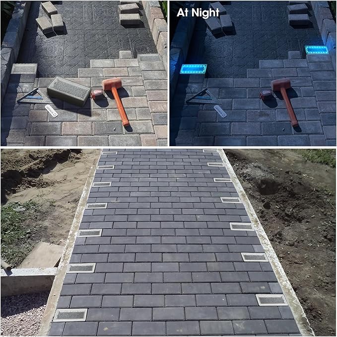 Solar Paver Lights, 4x8 Brick Driveway Lights, IP67 Waterproof Outdoor Pathway Light, Recessed Landscape Lighting for Walkway, Patio, Garden, Lawn, Yard, Pool, Pavers, Warm White+RGB, 2 Pack