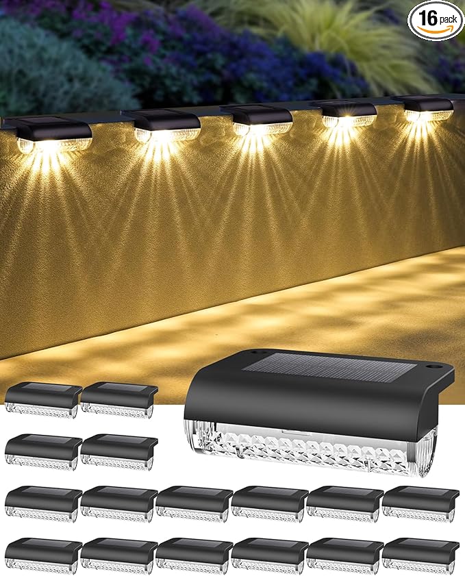 Herzla 16 Pack Solar Deck Step Lights, Solar Step Lights for Outdoor Stairs, 3000K Warm White, Auto Dusk-to-Dawn | Lumora