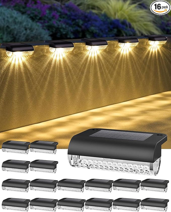 Herzla 16 Pack Solar Deck Step Lights, Solar Step Lights for Outdoor Stairs, 3000K Warm White, Auto Dusk-to-Dawn | Lumora