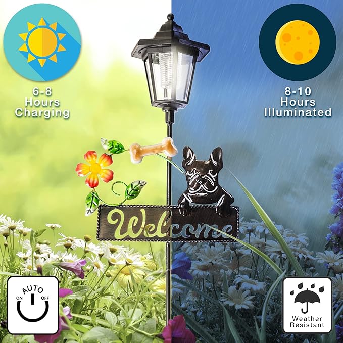 Crosslight Solar LED French Bulldog Welcome Sign - Weatherproof Garden Stake Light for Outdoor Decoration - Decor for Yard, Lawn, Patio, Pathway, Backyard | Warm White