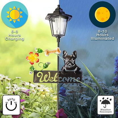 Crosslight Solar LED French Bulldog Welcome Sign - Weatherproof Garden Stake Light for Outdoor Decoration - Decor for Yard, Lawn, Patio, Pathway, Backyard | Warm White