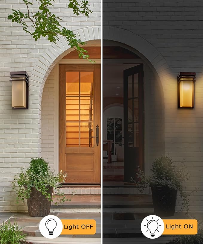Outdoor Wall Sconce Exterior with Antique Amber Glass, Modern Porch Lights Fixture Wall Mount, 12 inch Bronze Patio Lighting for House, Garage, E26 Base