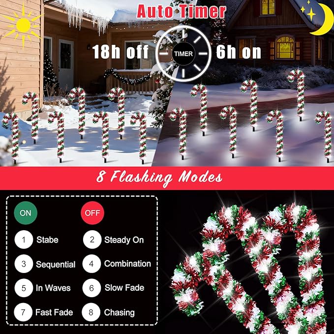 10 Pack Christmas Candy Cane Lights, Tinsel Candy Cane Christmas Decorations Pathway Lights with 8 Modes & Timer | Lumora